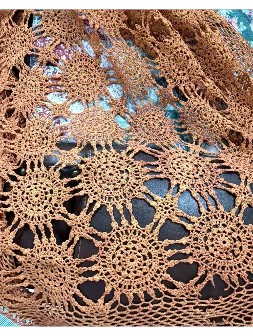 Vtg Handmade Crochet Lace Tablecloth Sun Burnt Orange Fall Harvest 60x78” Boho